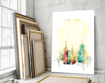 New York City dining room wall art, United States decorative prints, New York watercolor print canvas, New York modern home decor