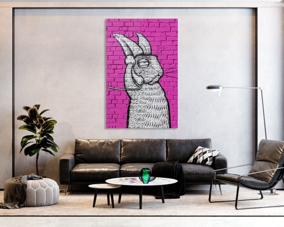 Rabbit Graffiti Canvas Print, Pink Brick Wall Art - Etsy 日本