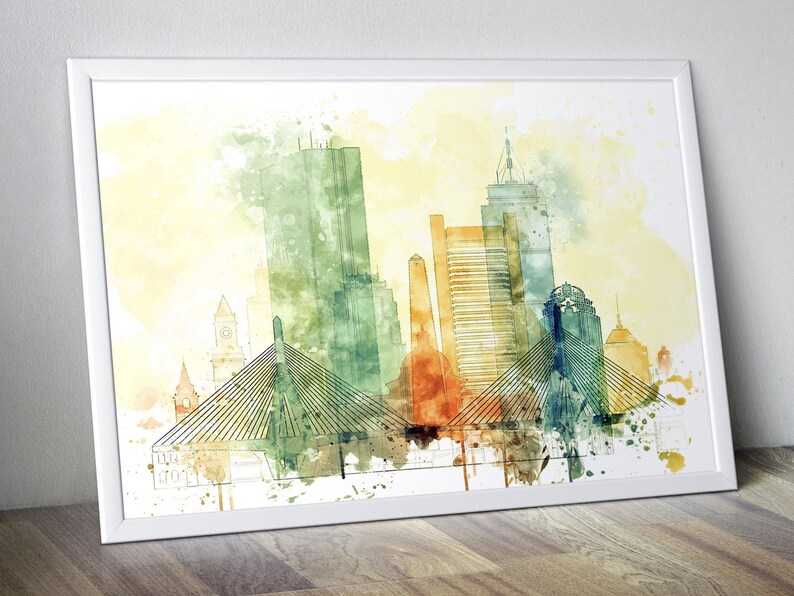 Boston Watercolor Poster Print for Living Room Wall Art Boston Home /& Office Wall Decor Skyline Photography Boston Bedroom Wall Art Decor