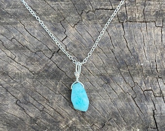 Raw amazonite crystal necklace wire wrapped in silver