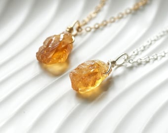 Raw Citrine • 925 Sterling Silver • 14k Gold-Filled • Raw Crystal Necklace  • November Birthstone • Real Citrine, Untreated