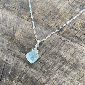 Genuine raw natural aquamarine wire wrapped crystal necklace in silver image 1