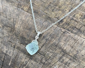 Genuine raw natural aquamarine wire wrapped crystal necklace in silver