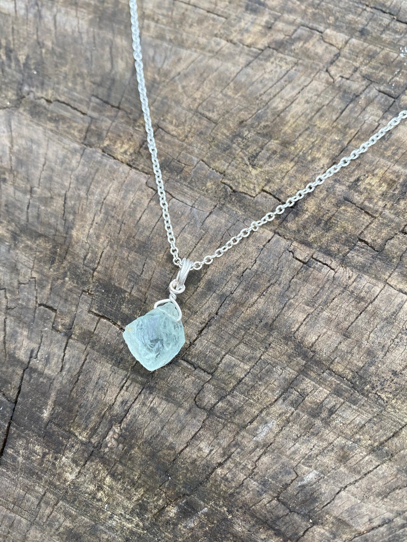 Genuine raw natural aquamarine wire wrapped crystal necklace in silver image 1