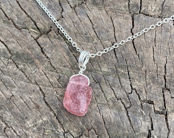 Natural strawberry quartz crystal necklace wire wrapped in silver