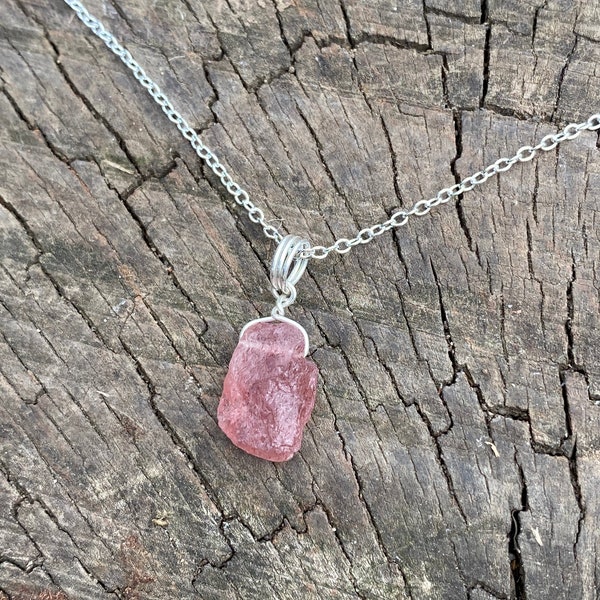 Natural strawberry quartz crystal necklace wire wrapped in silver