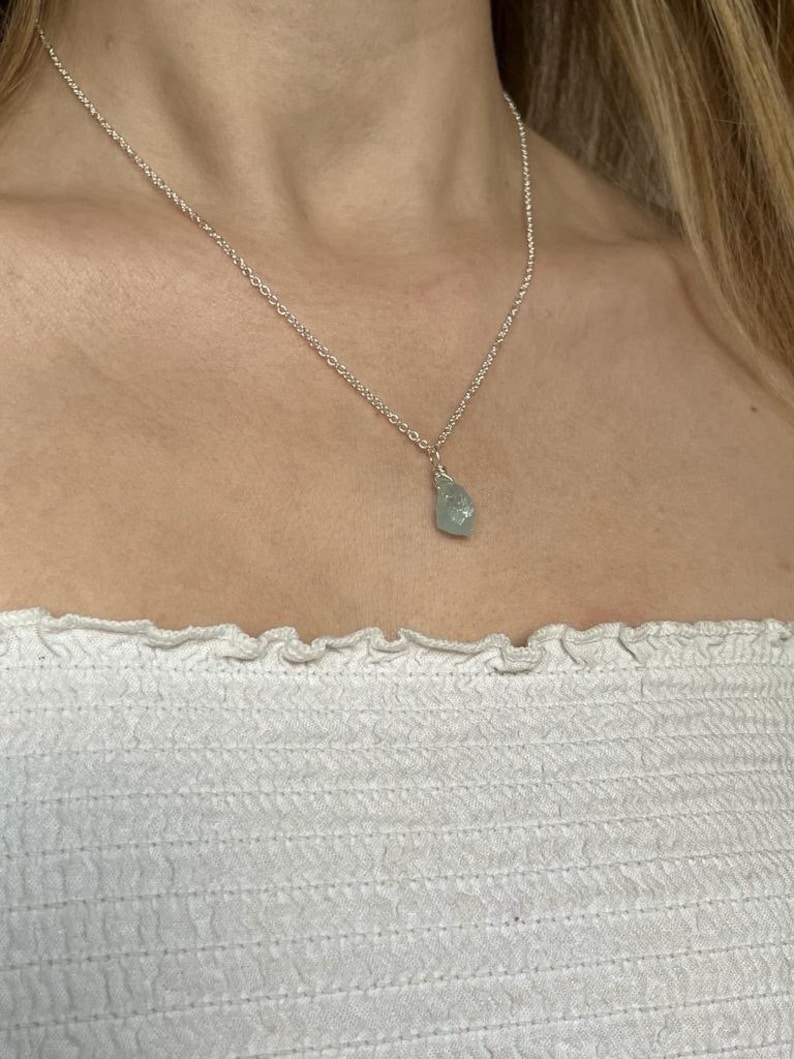 Genuine raw natural aquamarine wire wrapped crystal necklace in silver image 4