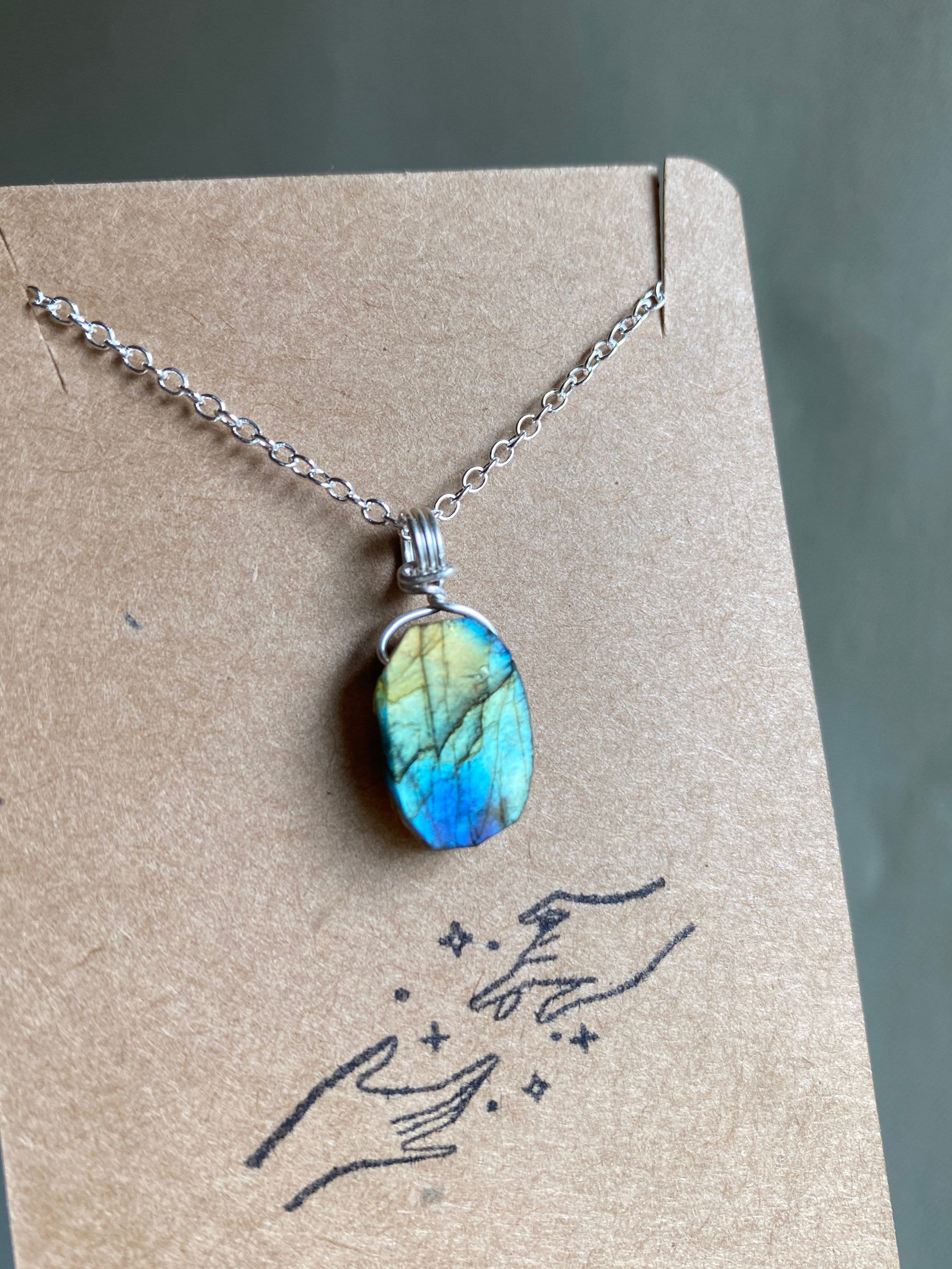Raw Natural Labradorite Crystal Necklace Wire Wrapped in Silver Etsy