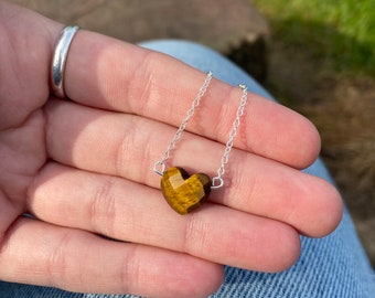 Genuine Tigers eye love heart crystal necklace wire wrapped in silver • gifts for her • girlfriend gift • gift for friends