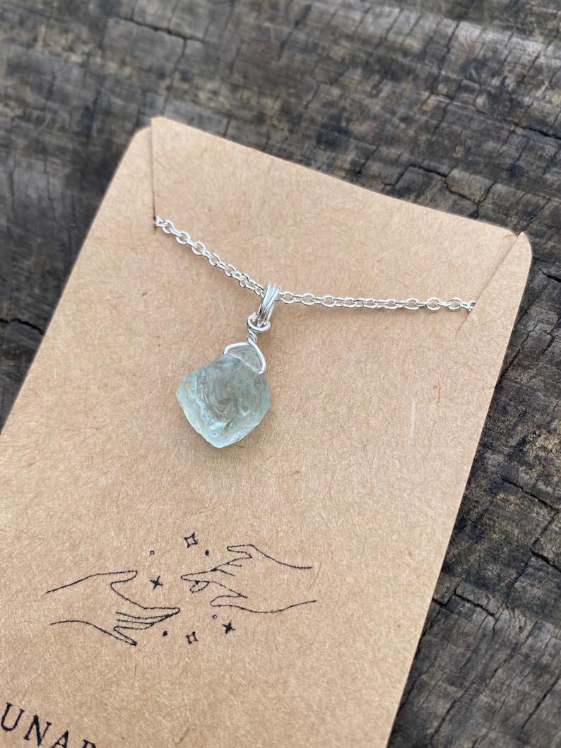 Genuine raw natural aquamarine wire wrapped crystal necklace in silver image 3