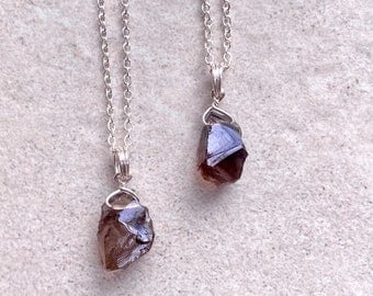 Raw natural Smokey Quartz crystal necklace wire wrapped in silver