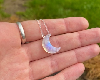 Raw Moonstone Crescent Moon Necklace • 925 Sterling Silver • 14k Gold-Filled • Rainbow Moonstone Pendant • June Birthstone