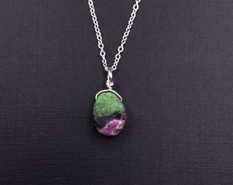 Natural Ruby Zoisite crystal necklace wire wrapped in silver