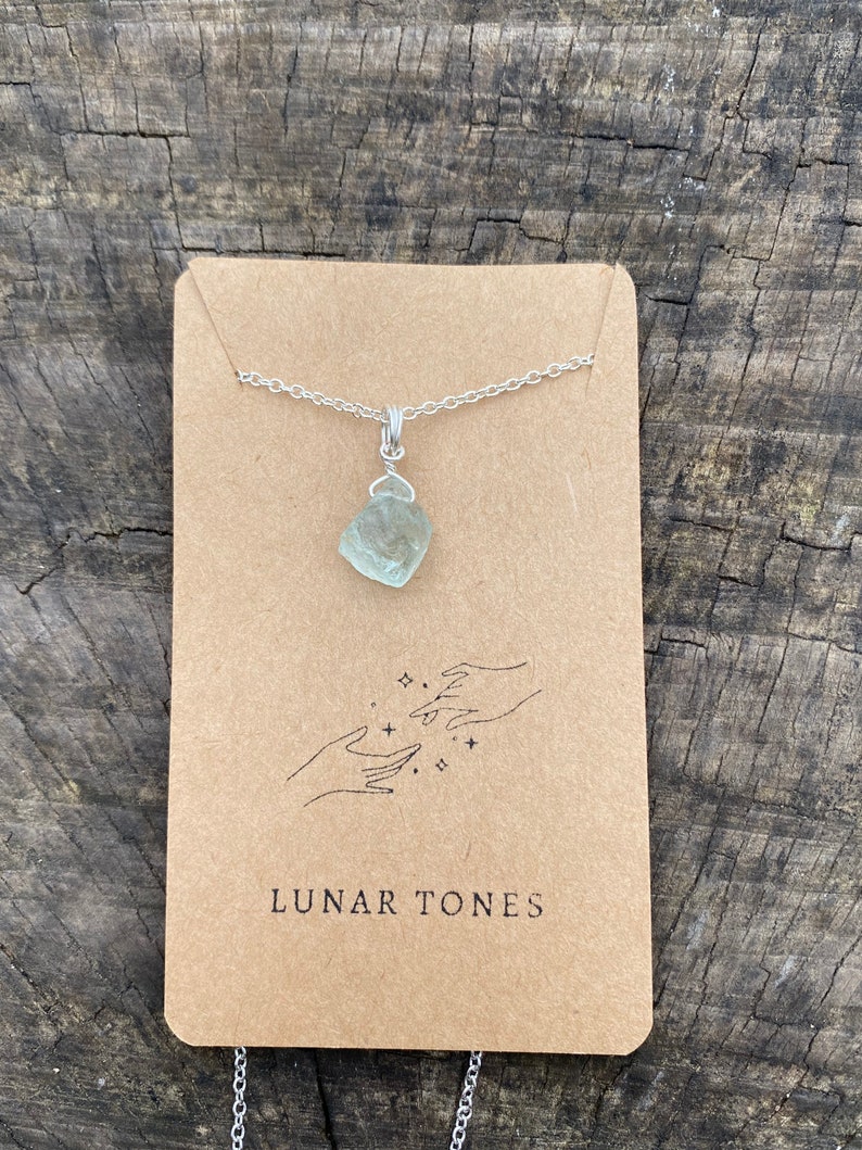 Genuine raw natural aquamarine wire wrapped crystal necklace in silver image 2