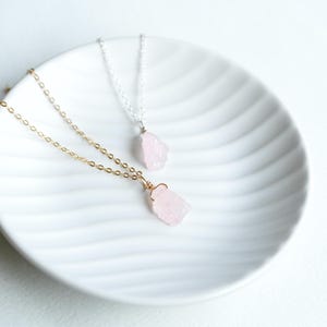 Raw Rose Quartz Necklace • 925 Sterling Silver • 14k Gold-Filled • Pink Crystal Necklace • Gift For Girlfriend •  Love Stone