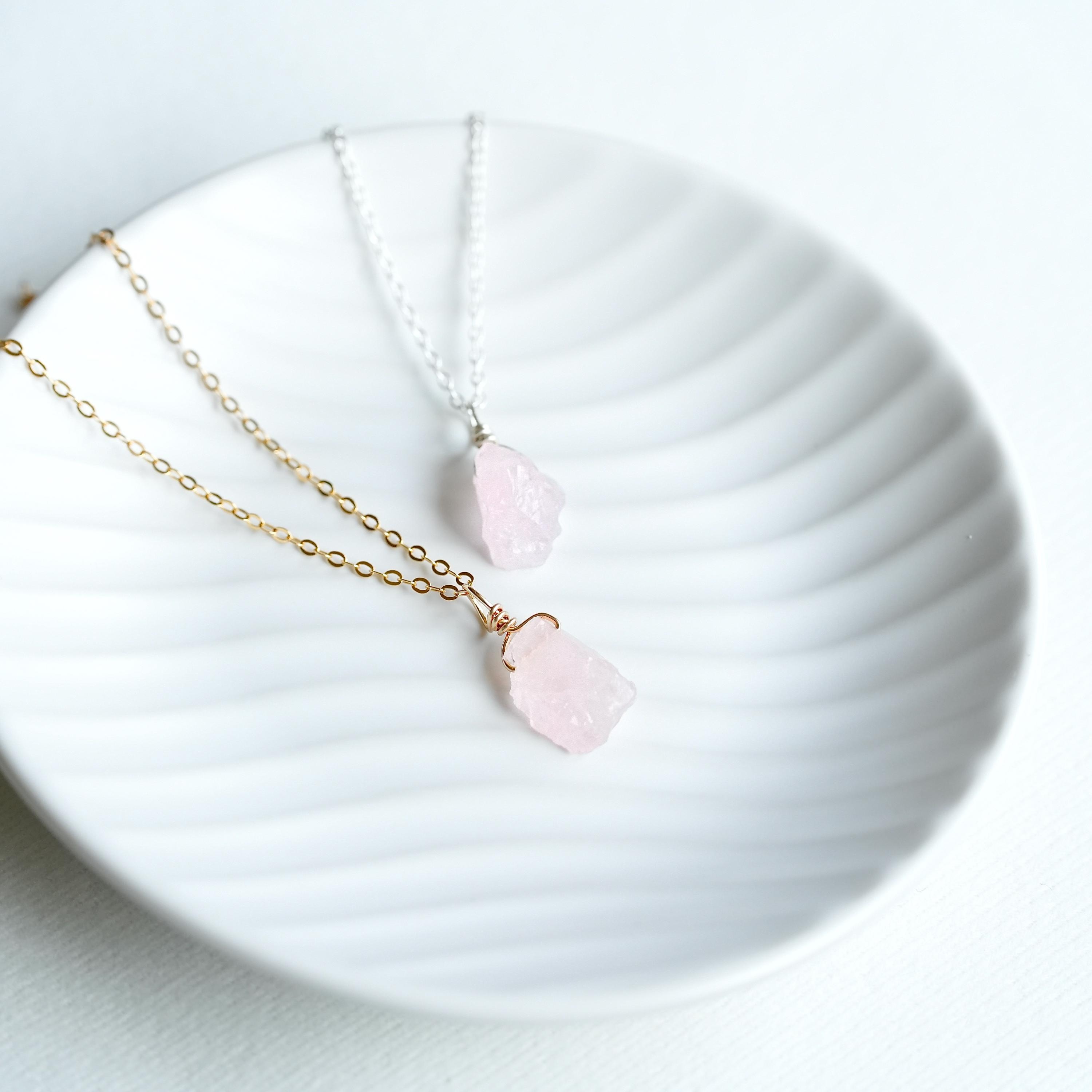 Raw Rose Quartz Necklace • 925 Sterling Silver • 14k Gold-Filled • Pink Crystal Necklace • Gift For Girlfriend •  Love Stone