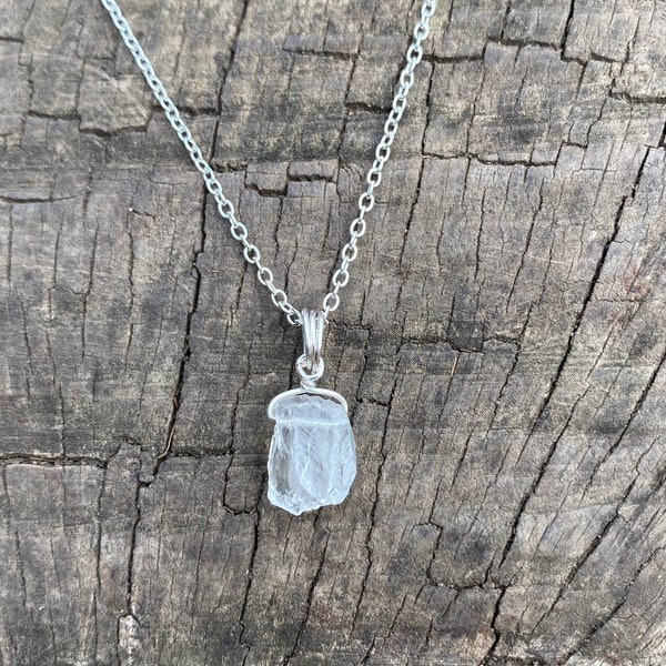 Natural raw clear quartz crystal necklace wire wrapped in silver