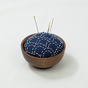 Sashiko Embroidered Pin Cushion w/ Walnut Dish [3”x1.5”]