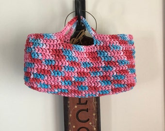 Crochet Storage Tote, T-shirt Yarn, Pinks and Aqua