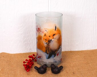 Upcycled Winter Fox LED Candle: Red Berry Christmas Decor