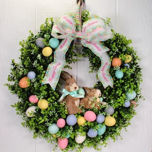 Bunny Easter Egg Boxwood Wreath: 27&quot; Spring Door Decor