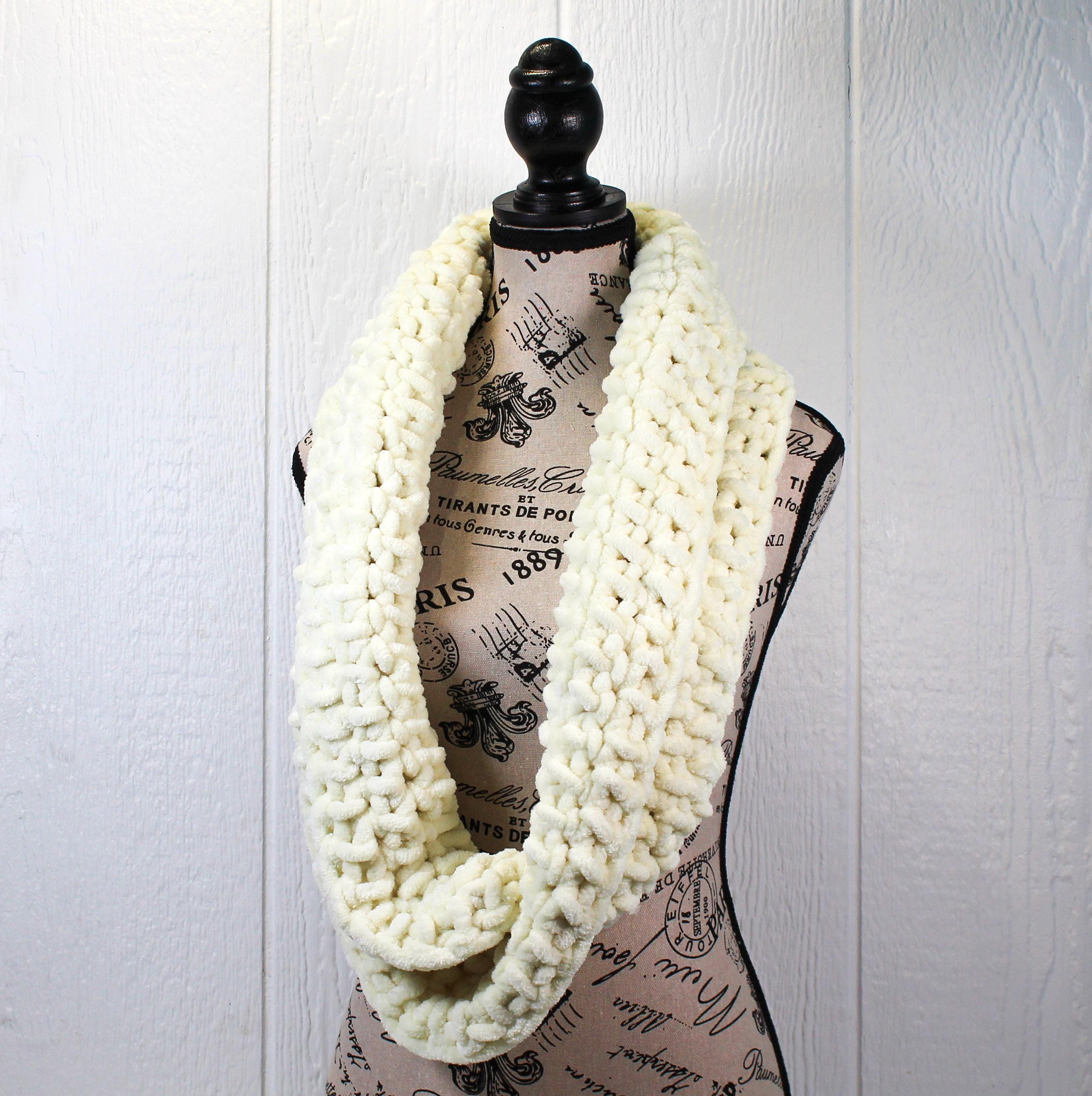 Handmade Chunky Chenille Crochet Infinity Scarf - Winter White, Cream ...