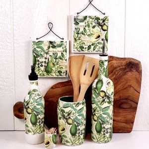 Avocado Botanical Up-cycled Bottle Kitchen Accessory | Oil or Vinegar Cruet | Kitchen Utensil / Toothpick Holder | Signs | Soap Dispenser