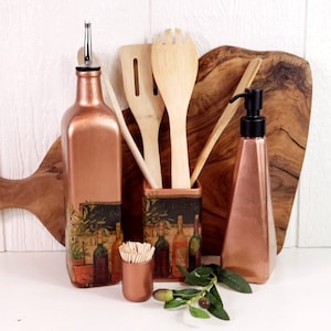 Wine Country Copper Up-cycled Bottle Kitchen Accessory | 24 oz Oil Cruet | Kitchen Utensil / Toothpick Holder | Hand Soap Dispenser