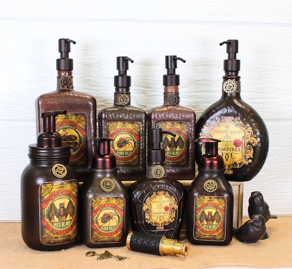 Apothecary Upcycled Bottle Soap Dispensers: Bats Blood | Snake Oil | Spider Milk | Blood of Vampire | Steampunk Decor