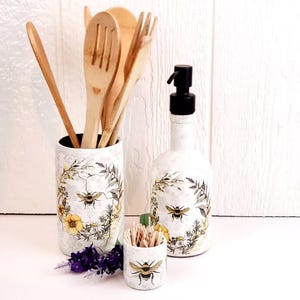 Bee Wildflower and Lavender Wreath Oil Cruet | Utensil Holder/Vase | Bee Soap Dispenser |  Bee Kind Fairy Light | French Country Kitchen