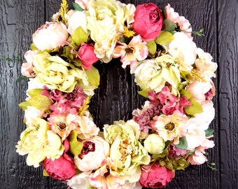Handgjord persikapionblomsterkrans, rosa kamelia, viktoriansk dekor