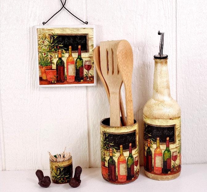 Wine Bottle Kitchen Set, Upcycled Oil Cruet, Utensil Holder