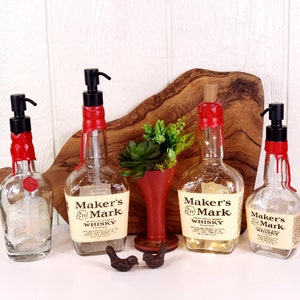 Maker&#39;s Mark Up-cycled Bottle Hand Soap Dispensers and Bar Light | Up-cycled Wine Bottle Faux Red Leather Succulent Terrarium