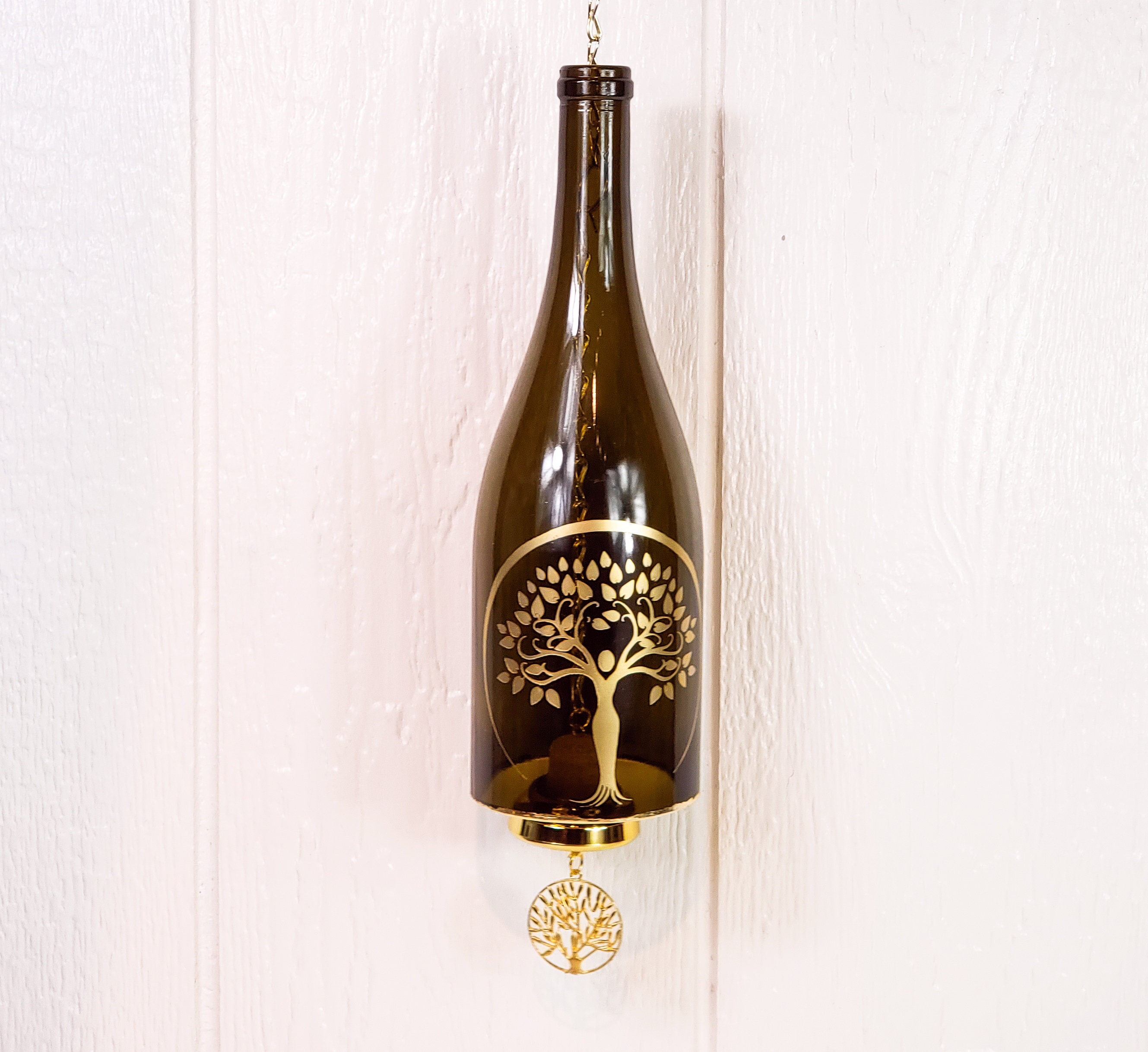 Gold Tree Of Life Windchime Reclaimed Wine Bottle, Handmade