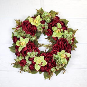 Elegant Burgundy Peonies and Ranunculus, Green Hydrangea, Pale Green Boat Orchid and Burgundy Rose Wreath