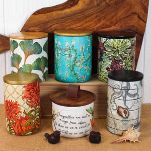 May include: A collection of decorative jars with wooden lids. The jars feature various designs, including floral patterns, botanical prints, and an octopus illustration. The jars are in shades of green, orange, blue, and white.