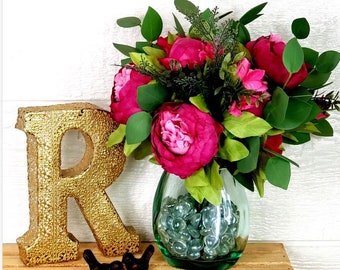 Upcycled Brandy Bottle Vase | Handmade Magenta Camellia Arrangement