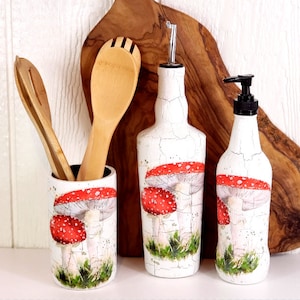 Red and White Magic Mushroom Up-cycled Bottle Cruet | Utensil Holder | Up-cycled Bottle Soap Dispenser