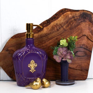 Purple and Gold Fleur De Lis Up-cycled Crown Royal Soap/Hand Lotion Dispenser | Gold Alligator Up-cycled Wine Bottle Succulent Terrarium