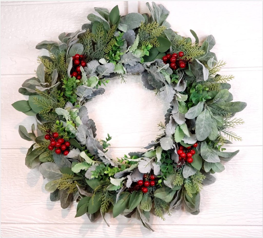 Cedar Pine Wreath, Lamb's Ear, Red Berry Winter Wreath - Etsy