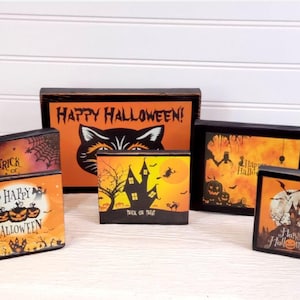 Letreros de madera de Halloween de estilo vintage/niñeras de estantes/madera reciclada/jarrón de maíz dulce con flores de otoño