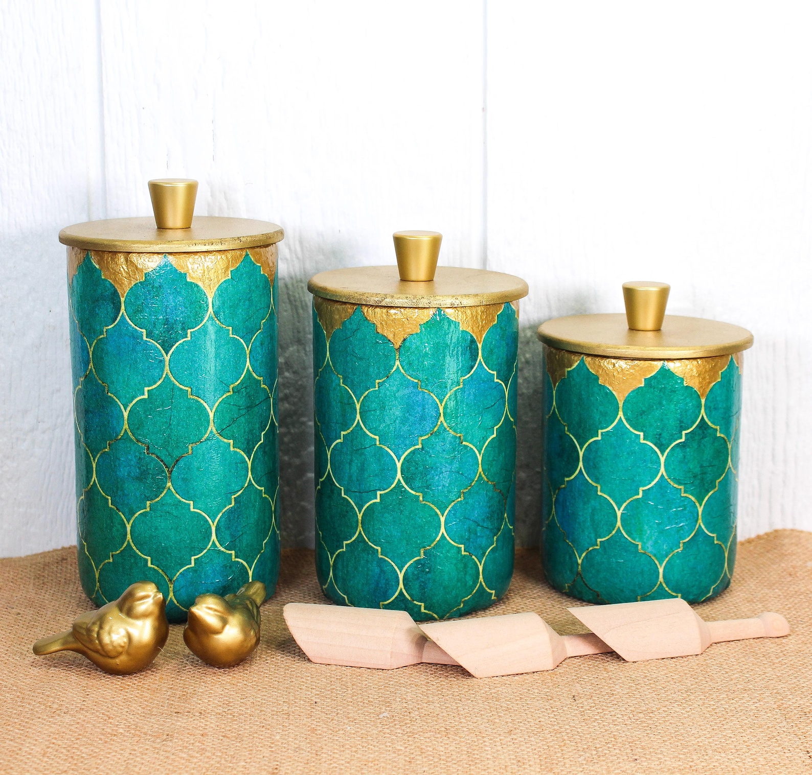 Moroccan Inspired Aqua Stained Glass and Gold 3 pc Canister Set