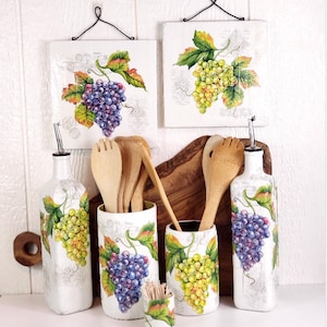 Purple and Green Grape Up-cycled Bottle Kitchen Accessories | 24 oz Oil Cruet | Utensil Holder | Toothpick Holder | Signs