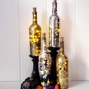 Flying Wicked Witch, Back Cat, Full Moon and Flying Bats Up-cycled Bottle Light | Halloween Light | Wicked Witch | Skull Halloween Light