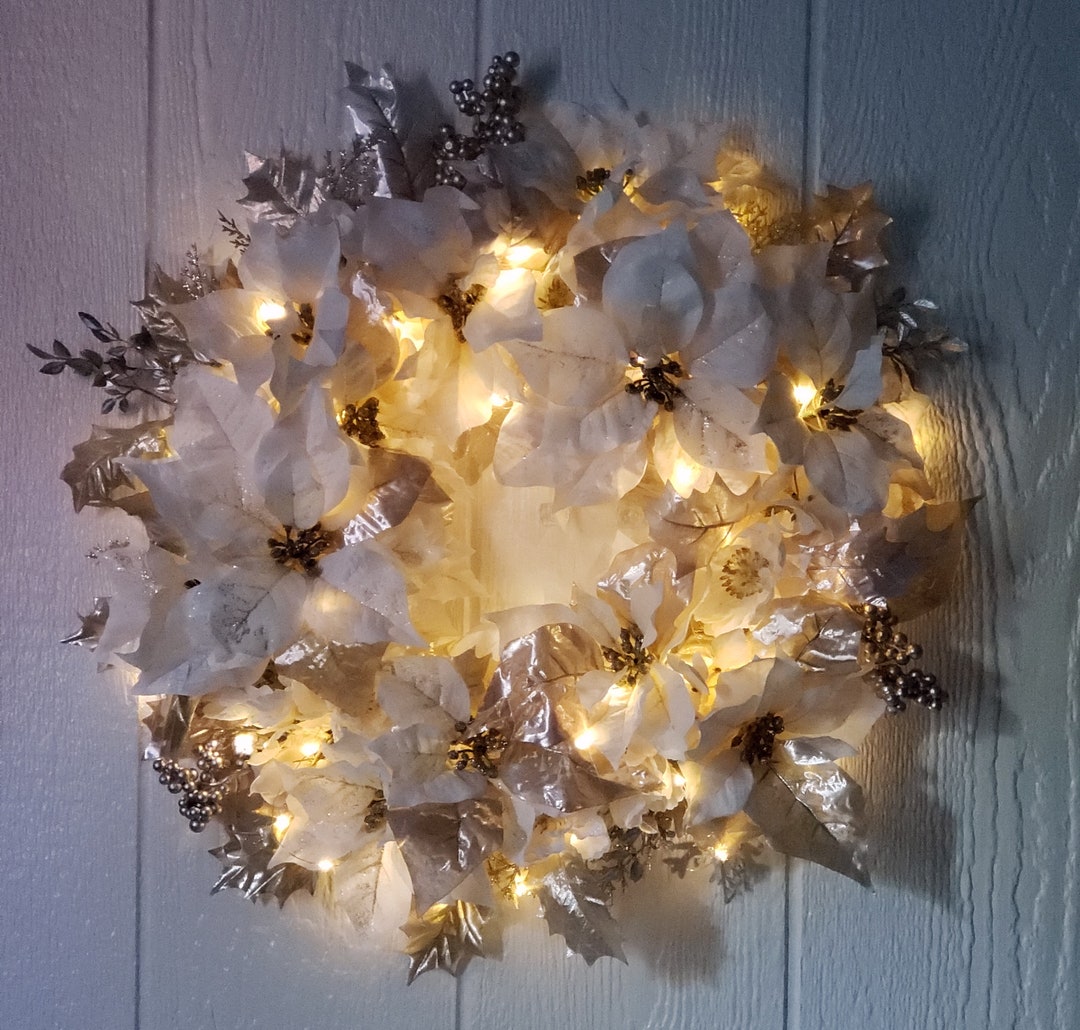 18 Cream and Champagne Poinsettia Wreath with Warm White LED Lights and