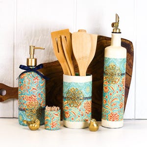 BoHo Chic Up-cycled Bottle Kitchen Accessory | 24 oz Oil or Vinegar Cruet | Kitchen Utensil / Toothpick Holder | Balsamic Cruet