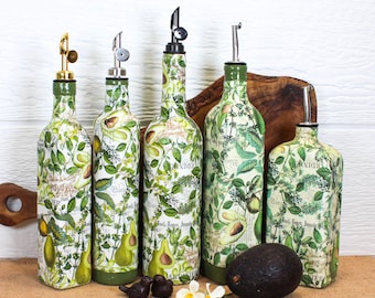 Handmade Avocado Botanical Oil Cruet | Up-cycled Bottle Kitchen Decor