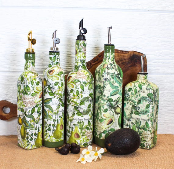 Handmade Avocado Botanical Oil Cruet | Up-cycled Bottle Kitchen Decor