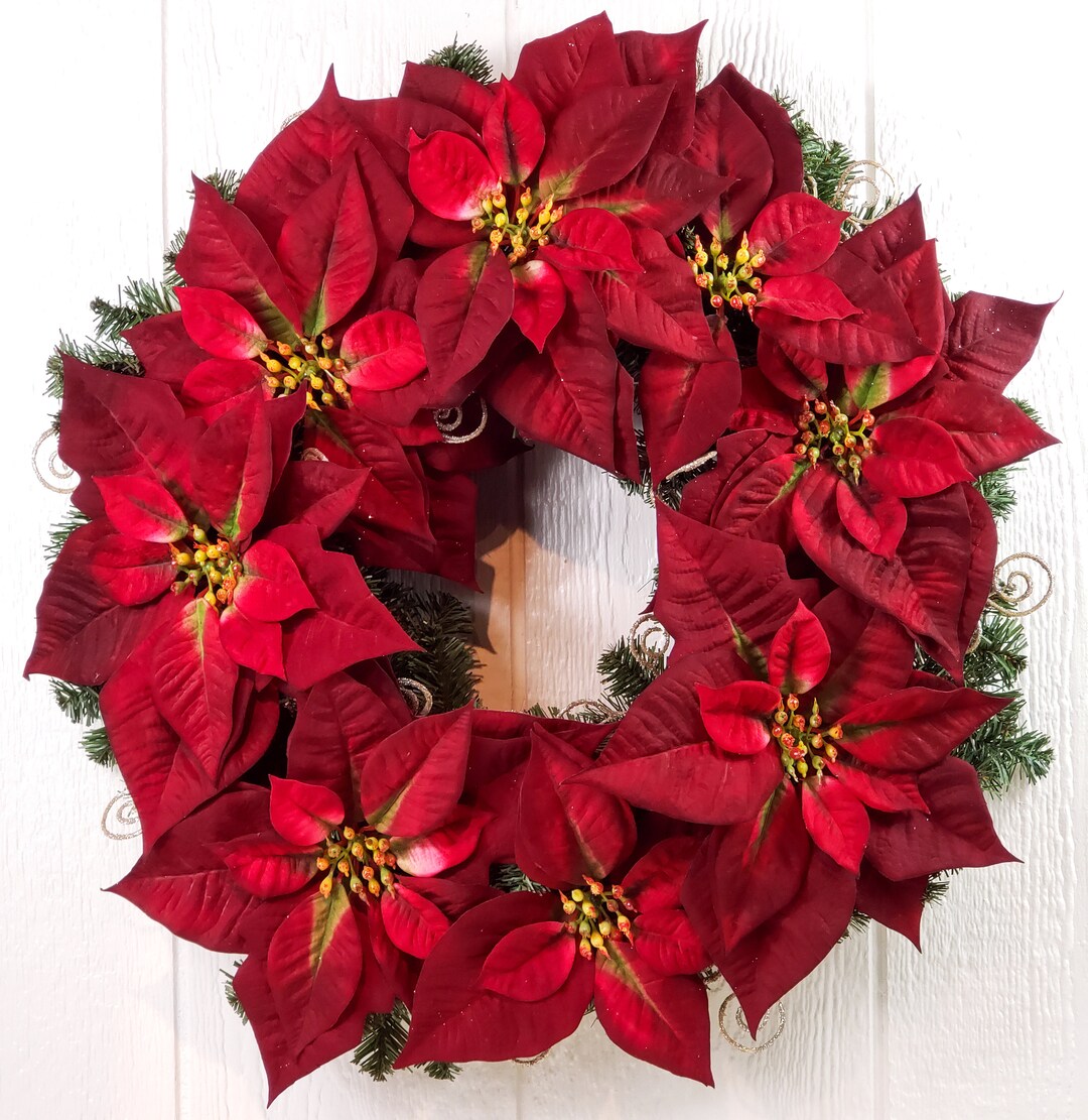 24 Poinsettia Wreath With Warm White LED Lights and Remote Control