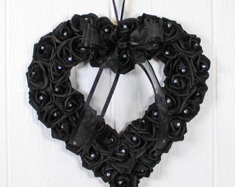 Gothic Victorian Valentine's Day Black Rose Heart Wreath | Gothic Wedding Wreath | Gothic Decor